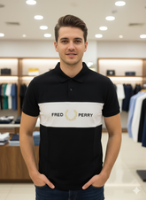 FRD PRRY MEN'S BLACK AND WHITE COLOR-BLOCK LOGO POLO T-SHIRT